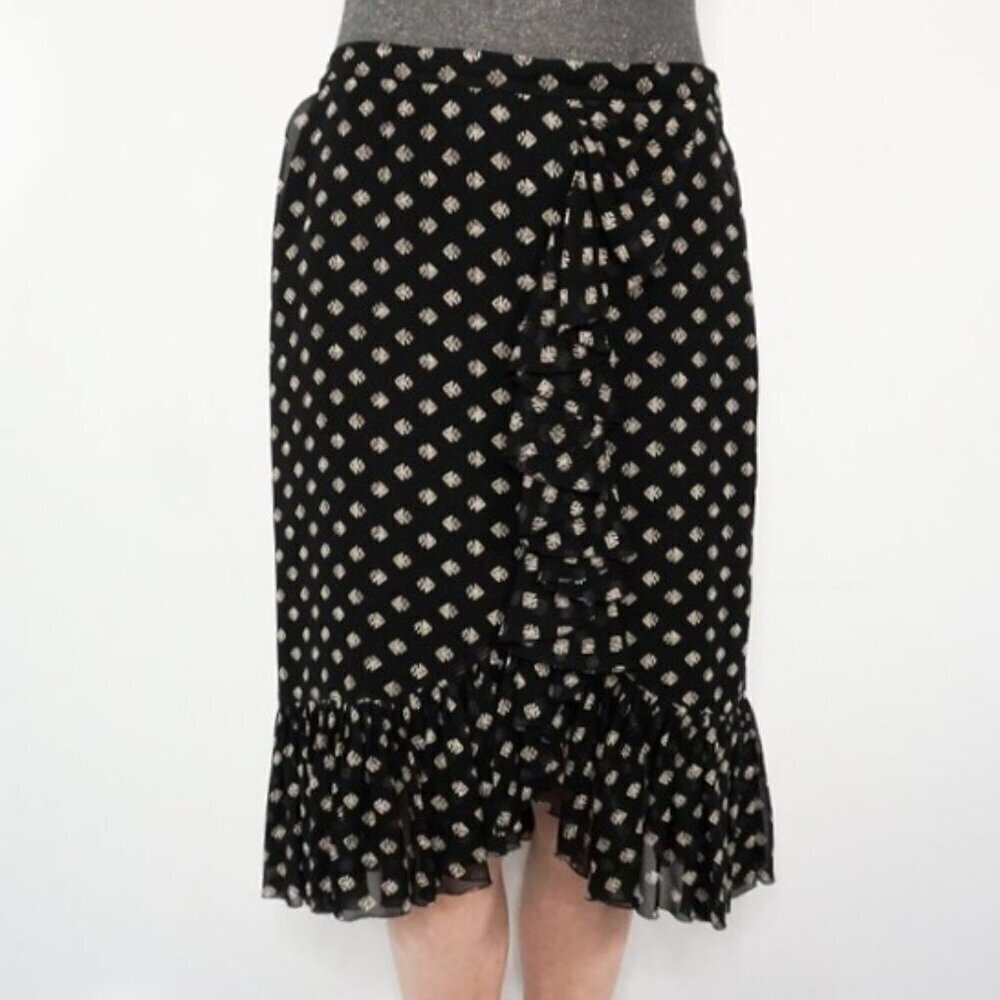 Tory Burch‎ Fish Print Black Silk Ruffle Skirt Size 14